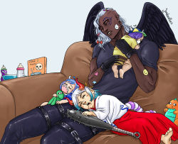 2boys 2girls age_difference babysitter braid brother_and_sister child dark_skin english_text half-closed_eyes horns hug japanese_clothes joujou_(joudoodles) king_(one_piece) long_hair multicolored_hair multiple_boys multiple_girls muscular one_piece open_clothes open_shirt page_one_(one_piece) ponytail red_eyes serious siblings single_braid sitting size_difference sleeping stuffed_animal stuffed_toy two-tone_hair ulti_(one_piece) wings yamato_(one_piece) aged_down