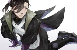 1boy alternate_costume alternate_hairstyle arm_support bell black_hair black_jacket black_pants black_pantyhose black_shirt blush bolo_tie clothing_cutout cropped_jacket donkey_fgo embarrassed facing_viewer fate/grand_order fate_(series) full_body gloves hair_ornament hair_over_one_eye hip_vent jacket japanese_clothes jingle_bell male_focus neck_bell pants pantyhose parted_lips pom_pom_(clothes) pom_pom_hair_ornament ponytail purple_eyes purple_gloves purple_shoes shirt shoes short_ponytail sideways_glance simple_background sitting solo sweatdrop tailcoat tunic white_background white_tunic wrist_cutout yamanami_keisuke_(fate) yokozuwari