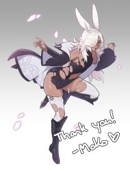 1boy animal_ears black_boots black_leotard black_shorts blush boots dark-skinned_male dark_skin eyeshadow gradient_background grey_background high_collar highres jacket knee_boots lace-up_boots leotard long_hair makeup male_focus mokotoko9 nipple_slip nipples open_mouth original purple_eyeshadow rabbit_boy rabbit_ears shorts skindentation smile solo suggestive_fluid thank_you thighhighs torn_clothes torn_leotard torn_thighhighs trap two-sided_fabric two-sided_jacket white_background white_hair white_thighhighs wide_sleeves