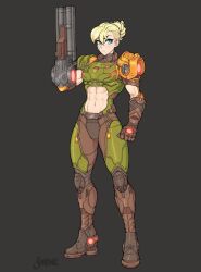 Rule 34 | 1girl, abs, abs cutout, absurdres, arm cannon, armor, bandaid, bandaid on face, blonde hair, blue eyes, breasts, commentary, cosplay, doom (series), doom eternal, doomguy, doomguy (cosplay), double-barreled shotgun, english commentary, full body, glowing, gun, highres, looking at viewer, metroid, mole, mole under mouth, multicolored armor, muscular, muscular female, navel, nintendo, normal suit (metroid), power armor, power suit, power suit (metroid), praetor suit, samus aran, shardanic, shotgun, signature, simple background, solo, weapon