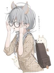 1girl adjusting_eyewear ahoge backpack bag black-framed_eyewear body_freckles brown_bag brown_dress commentary_request dress extra_ears freckles glasses grey_hair hair_behind_ear hands_on_eyewear hands_up highres long_hair low_twintails original polka_dot polka_dot_dress sea_slug sea_slug_ears sea_slug_girl solo three-quarter_sleeves translation_request twintails white_background yoru_uyo