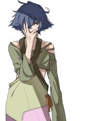 1boy arm_at_side blue_hair brown_eyes hair_over_one_eye hand_up hans_humpty komiya_harumoto long_sleeves looking_at_viewer male_focus messy_hair rokka_no_yuusha simple_background solo standing white_background