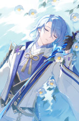 Rule 34 | 1boy, arm guards, armor, artist name, black gloves, blue hair, camellia, closed eyes, commentary request, eyelashes, flower, flower on liquid, genshin impact, gloves, gold trim, hair between eyes, hair over shoulder, half gloves, hand up, haran geppaku futsu (genshin impact), highres, holding, holding sword, holding weapon, jacket, japanese armor, japanese clothes, kamisato ayato, kimono, lapels, leaf, long sleeves, lying, male focus, medium hair, mole, mole under eye, on back, open clothes, open jacket, parted bangs, parted lips, partially submerged, purple kimono, rj (lingshih10), rope, shoulder armor, single sode, sode, solo, swept bangs, sword, tassel, twitter username, water, weapon, white flower, white jacket, wide sleeves
