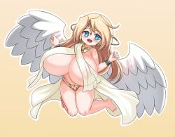 :d alternate_breast_size angel angel_wings blonde_hair blue_eyes blush bracelet breast_curtains breasts bright_pupils forehead_jewel huge_breasts ilias jewelry long_hair long_pointy_ears mon-musu_quest! nav_(itsnav) open_mouth pointy_ears revealing_clothes see-through_clothes shortstack showgirl_skirt simple_background smile very_long_hair white_pupils wings