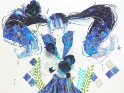 Rule 34 | 1girl, aqua eyes, aqua hair, black sleeve cuffs, blue flower, blue hair, blue nails, blue rose, blue sailor collar, blue skirt, commentary, constellation print, floating hair, flower, hair between eyes, hatsune miku, highres, holding, holding flower, long hair, long sleeves, looking at viewer, masking tape (medium), mixed media, multicolored hair, papercraft (medium), parted lips, plant, rose, ryakutya5959, sailor collar, shirt, sidelocks, skirt, smile, solo, star (symbol), straight-on, traditional media, twintails, two-tone hair, unconventional media, upper body, very long hair, vocaloid, white background, white shirt
