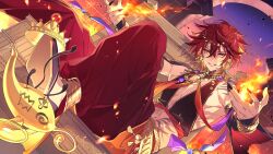 1boy :d black_nails chest_tattoo crown dutch_angle fire first_stage_production grin hair_between_eyes highres male_focus malim_cendari official_art oil_lamp open_mouth orange_eyes pants red_hair red_pants senzaki_makoto shoes shoulder_tattoo sitting slit_pupils smile solo tattoo teeth virtual_youtuber
