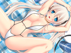 1girl armpits arms_up blonde_hair blue_eyes breasts cleavage female_focus large_breasts long_hair mabinogi nao_(mabinogi) shiny_skin slingshot_swimsuit solo spread_legs swimsuit twintails umitsubame