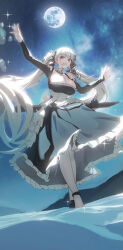 1girl arm_up azur_lane black_dress breasts cleavage commentary_request dress formidable_(azur_lane) frilled_dress frills full_moon grey_hair hair_ornament highres large_breasts long_hair moon night night_sky outdoors red_eyes revision sky smile solo sparkle sparkling_aura standing twintails very_long_hair yuyiosang