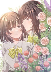 2girls absurdres bow bowtie brown_hair closed_mouth collared_shirt commentary_request flower green_bow green_bowtie highres leaf light_particles long_hair multiple_girls original pink_flower pink_rose purple_flower rococomm123 rose school_uniform shirt short_hair smile white_shirt yuri