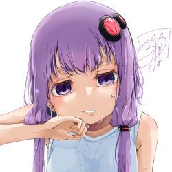 1girl close-up commentary_request dated hair_ornament highres hot kuuneru514 looking_at_viewer parted_lips purple_eyes purple_hair shirt short_hair_with_long_locks signature simple_background sleeveless solo sweat sweaty_clothes twintails upper_body voiceroid white_background white_shirt wiping_face wiping_sweat yuzuki_yukari