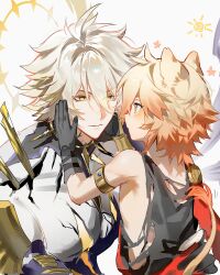Rule 34 | 2boys, aged down, animal ears, antenna hair, armlet, blonde hair, blush, chinese commentary, commentary request, cracked skin, eye contact, gradient hair, hair between eyes, halo, halo behind head, hand on another&#039;s face, highres, honkai: star rail, honkai (series), jewelry, lion boy, lion ears, lion tail, looking at another, male focus, material growth, medium hair, multicolored hair, multiple boys, mydei (a trail of bygone blood) (honkai: star rail), mydei (honkai: star rail), phainon (honkai: star rail), red hair, shirt, simple background, sleeveless, sleeveless shirt, suirandanshihao, tail, torn clothes, torn shirt, white background, yellow eyes