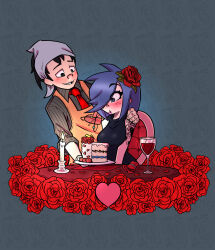 1boy 1girl apron black_tank_top blue_hair bow bowtie cake candle couple cup ed_edd_n_eddy edd_(ed_edd_n_eddy) flower food heart kenbr_arts marie_kanker rose smile tank_top valentine