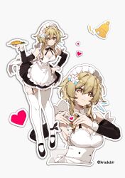 1girl absurdres alternate_costume apron artist_name bare_shoulders blonde_hair blush breasts cleavage commentary_request dress enmaided flower frilled_apron frills genshin_impact hair_between_eyes hair_flower hair_ornament highres kradebii lumine_(genshin_impact) maid maid_apron maid_headdress medium_breasts short_hair short_hair_with_long_locks sidelocks twitter_username white_apron yellow_eyes