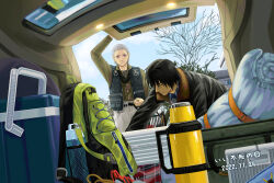 2boys backpack bag black_hair black_jacket blue_sky car car_interior casual closed_mouth cloud cloudy_sky contemporary cooler dated green_eyes green_jacket grey_hair hidan_(naruto) highres jacket kakuzu_(naruto) leather leather_jacket long_sleeves male_focus motor_vehicle multiple_boys naruto_(series) naruto_shippuuden purple_eyes short_hair sky tree yi_(199702090505)