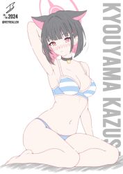 1girl alternate_costume animal_ears arm_at_side arm_behind_head armpits bare_legs bare_shoulders barefoot bikini black_choker black_hair blue_archive blue_bikini blunt_bangs blunt_ends blush bob_cut breasts bright_pupils cat_choker cat_ears cat_girl character_name choker cleavage closed_mouth collarbone colored_inner_hair commentary curvy embarrassed english_commentary extra_ears eyelashes frown full_body hair_behind_ear hair_ornament hairclip halo highres kazusa_(blue_archive) looking_at_viewer medium_breasts multicolored_hair navel nose_blush pink_hair pink_halo presenting_armpit realen red_eyes short_hair signature simple_background sitting solo split_mouth stomach straight_hair striped_bikini striped_clothes swimsuit thighs two-tone_hair white_background yokozuwari