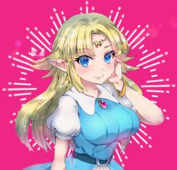 1girl bangle belt belt_buckle blonde_hair blue_dress blue_eyes blush bracelet breasts brooch buckle chichi_band circlet closed_mouth collared_dress dress female_focus gem hand_on_own_cheek hand_on_own_face highres jewelry long_hair looking_at_viewer medium_breasts nintendo parted_bangs pointy_ears princess_zelda puffy_short_sleeves puffy_sleeves short_sleeves sidelocks smile solo straight_hair teeth the_legend_of_zelda the_legend_of_zelda:_a_link_to_the_past two-tone_background upper_teeth_only white_sleeves