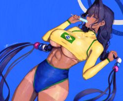 1girl absurdres artist_name blue_eyes brazilian_flag brazilian_flag_print breasts commentary english_commentary erasorpepero flag_print food hair_intakes highres holding holding_food holding_popsicle hololive hololive_english large_breasts long_hair melting_popsicle ouro_kronii popsicle solo tan tanline underboob virtual_youtuber