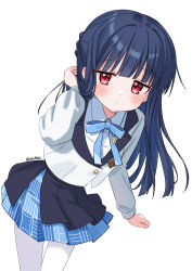 1girl adjusting_hair black_hair black_skirt blue_ribbon blue_skirt blunt_bangs blush closed_mouth collared_shirt commentary_request eluthel hand_up hatsuboshi_gakuen_school_uniform highres idolmaster idolmaster_cinderella_girls jacket layered_skirt long_hair long_sleeves looking_at_viewer miniskirt neck_ribbon pantyhose pleated_skirt red_eyes ribbon sajo_yukimi school_uniform shirt simple_background skirt solo twitter_username white_background white_jacket white_pantyhose white_shirt