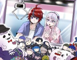 Rule 34 | 1boy, 1girl, :o, against glass, ahoge, amemiya darumi, aotsuki eito, black hair, black hairband, black hat, blue eyes, blue hair, blue shirt, bow, bowtie, brain, character doll, crane game, doll, everyone, ginzaki shouma, hairband, hat, heart, jacket, kashimiya karua, kawana tsubasa, kirifuji nozomi, last defense academy school uniform, long hair, looking at object, magadori kyoshika, maruko gaku, mojiro moko, multicolored hair, necktie, nigou (hundred line), omokage yugamu, oosuzuki kurara, pink hair, pink jacket, purple eyes, purple hair, red bow, red bowtie, red hair, red necktie, school invader (hundred line), school uniform, shirt, shizuhara hiruko, short hair, sirei (hundred line), streaked hair, sumino takumi, sweatdrop, the hundred line -last defense academy-, tkiura runa, tsukumo ima, tsukumo kako, white undershirt, yakushiji takemaru