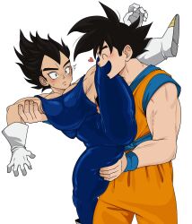 2boys ass black_hair blush dragon_ball dragonball_z gloves heart looking_at_another male_focus multiple_boys muscular muscular_male niusesabe saiyan smile son_goku spread_legs vegeta yaoi