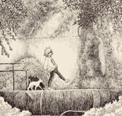 1girl animal animal_ears cat commentary_request crosshatching fish_skeleton_print greyscale hatching_(texture) highres industrial_pipe long_sleeves monochrome nature nigirizusi1 original outdoors pants print_shirt railing scenery shirt solo tail traditional_media tree walking