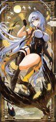 1girl ahoge between_fingers black_gloves black_shorts black_thighhighs breasts commentary fingerless_gloves floating_hair full_body gloves high-waist_shorts highres holding jacket large_breasts long_hair looking_down mising_0033 ofuda ofuda_between_fingers open_clothes open_jacket parted_lips shoes shorts single_hair_intake single_thighhigh solo symbol-only_commentary thighhighs very_long_hair white_hair yellow_eyes yellow_jacket yin_yang_pin yixuan_(zenless_zone_zero) zenless_zone_zero