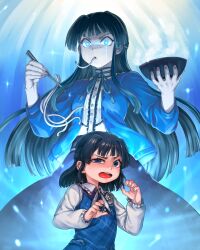 2girls absurdres aged_down black_hair black_skirt blue_cardigan blue_dress blue_eyes blue_ribbon bowl buttons cardigan checkered_clothes checkered_dress child chopsticks commentary dress dual_persona eating energy english_commentary food glowing glowing_eyes half-closed_eyes hands_up highres hold111 holding holding_bowl holding_chopsticks idolmaster idolmaster_million_live! long_hair long_sleeves looking_at_viewer mogami_shizuka multiple_girls noodles open_mouth ribbon shirt short_hair sidelocks skirt teeth upper_body upper_teeth_only white_shirt