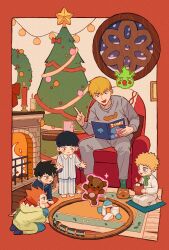 5boys :d aged_down antlers black_eyes black_hair blonde_hair blue_eyes blue_shirt blue_socks blunt_bangs blush_stickers book border bow bowtie brothers candle chair christmas christmas_ornaments christmas_tree christmas_wreath closed_mouth clown_nose collarbone collared_shirt commentary cup dinosaur_costume easy_chair ekubo_(mob_psycho_100) english_commentary fire fireplace firewood floating food full_body glowing green_bow green_bowtie green_eyes green_socks grey_pants grey_shirt hair_between_eyes hanazawa_teruki hands_on_floor highres holding holding_book holding_cup holding_pillow horns hot_chocolate index_finger_raised indoors kageyama_ritsu kageyama_shigeo levitation lingshi_reishi long_sleeves looking_at_object male_focus marshmallow mob_psycho_100 mug multiple_boys official_alternate_costume on_chair onesie open_book open_hands open_mouth orange_hair outside_border outstretched_hand pajamas pants pillow print_shirt purple_lips railing reading red_border red_bow reigen_arataka reindeer_antlers round_table round_window rug seiza shirt siblings sitting sitting_on_pillow slippers smile snowing socks sparkle spiked_hair spirit standing star_(symbol) striped_clothes striped_pajamas striped_pants striped_shirt stuffed_animal stuffed_toy suzuki_shou table teddy_bear telekinesis toddler toy toy_block toy_train vertical-striped_clothes vertical-striped_pajamas vertical-striped_pants vertical-striped_shirt white_socks window wooden_floor wreath
