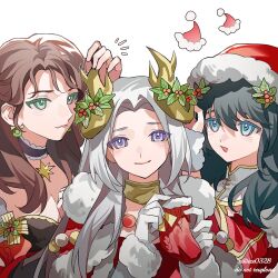 Rule 34 | 3girls, alternate costume, breasts, brown hair, christmas, cleavage, closed mouth, collar, commentary, commission, detached collar, dorothea arnault, dorothea arnault (winter), dress, earrings, edelgard von hresvelg, edelgard von hresvelg (snowfall future), english commentary, fake horns, female byleth (fire emblem), female byleth (frosty professor) (fire emblem), fire emblem, fire emblem: three houses, fire emblem heroes, friends, fur trim, gloves, green eyes, green hair, hair between eyes, hand up, hands up, hat, head tilt, headpiece, highres, holding, horns, ize0328, jewelry, large breasts, light blush, light smile, long hair, long sleeves, looking at another, looking at viewer, looking to the side, multiple girls, nintendo, official alternate costume, open mouth, parted bangs, parted lips, purple eyes, santa hat, shade, simple background, standing, twitter username, upper body, wavy hair, white background, white gloves, white hair