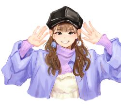 1girl black_eyes black_hat blue_jacket brown_hair chinese_commentary clenched_teeth commentary_request cropped_torso earrings fang hands_up hat highres jacket jewelry kohinata_mika long_hair long_sleeves looking_at_viewer purple_sweater real_life simple_background solo sweater teeth upper_body voice_actor white_background xiao_huajii