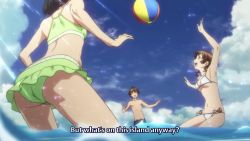 1boy 3girls animated anime_screenshot armpits arms_up ass back ball beach beachball bikini black_hair blue_shorts breasts brown_eyes brown_hair cleavage closed_eyes collarbone crab frilled_bikini frills green_bikini groin guilty_crown hair_between_eyes highres kusama_kanon medium_breasts menjou_hare multiple_girls navel ocean open_mouth ouma_shuu partially_submerged pink_bikini pink_hair short_hair shorts side-tie_bikini_bottom sky small_breasts sound stomach subtitled swimsuit thighs topless_female topless_male underboob video water white_bikini yuzuriha_inori
