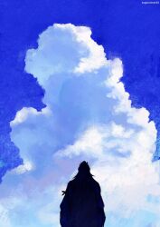 1boy artist_name blue_sky cloud from_behind getou_suguru getou_suguru_(kenjaku) highres jujutsu_kaisen male_focus outdoors painterly scenery silhouette sky solo sugurulover23