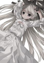 1girl arms_up colored_eyelashes dress flat_chest frills grey_eyes highres holding kasugano_sora long_hair long_sleeves looking_at_viewer ludo_(grapewood1005) lying on_back ribbon simple_background solo stuffed_animal stuffed_toy very_long_hair white_background white_dress white_hair white_ribbon yosuga_no_sora