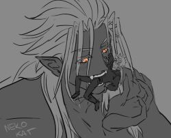 2boys black_hoodie blush commentary dark-skinned_male dark_skin english_commentary fangs giant giant_male glowing glowing_eyes holding holding_mini_person hood hoodie kingdom_hearts long_hair looking_at_another male_focus mini_person miniboy multiple_boys nekokat42 open_mouth orange_eyes pants person_in_mouth pointy_ears roxas short_hair size_difference spiked_hair topless_male xemnas yaoi