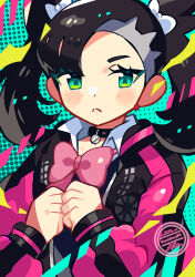 1girl :&lt; anidler91 asymmetrical_bangs black_choker black_hair blue_eyes bow bowtie choker closed_mouth creatures_(company) eyelashes game_freak highres jacket long_sleeves looking_at_viewer marnie_(academy)_(pokemon) marnie_(pokemon) nintendo official_alternate_costume pink_bow pink_bowtie pokemon pokemon_masters_ex school_uniform solo twintails upper_body
