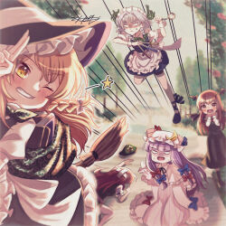 5girls absurdres anger_vein apron bat_wings black_dress black_vest blank_eyes blue_bow blue_dress blue_shoes blurry blush book bow braid broom broom_riding crossed_bandaids depth_of_field dress fleeing green_bag green_dress green_hat green_ribbon grey_hair hat hat_ornament head_wings highres holding holding_knife holding_pocket_watch hong_meiling izayoi_sakuya kirisame_marisa knife koakuma konpota_(pixiv_113398422) long_hair maid_apron maid_headdress medium_hair motion_lines multiple_girls one_eye_closed open_mouth pantyhose patchouli_knowledge pavement pocket_watch purple_dress purple_hair raised_fist red_bow red_hair ribbon salute shoes speed_lines star_(symbol) star_hat_ornament sweatdrop touhou tree twin_braids two-finger_salute vest watch white_pantyhose white_ribbon wings witch_hat