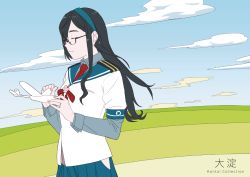 10s 1girl aircraft black_hair blue_skirt character_name closed_eyes copyright_name female_focus glasses glider hairband hip_vent kantai_collection long_hair ojipon ooyodo_(kancolle) pleated_skirt school_uniform semi-rimless_eyewear serafuku skirt solo toy_airplane under-rim_eyewear upper_body