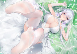 1girl arms_up au11 azur_lane blue_eyes blush breasts bridal_veil center_opening cleavage dress elbow_gloves feet flower foot_focus foreshortening gloves halter_dress halterneck illustrious_(azur_lane) illustrious_(morning_star_of_love_and_hope)_(azur_lane) lace lace-trimmed_dress lace_trim large_breasts legs_up long_hair long_sidelocks looking_at_viewer lying mole mole_under_eye no_shoes official_alternate_costume on_back on_grass parted_lips rose sidelocks smile soles solo thighhighs veil very_long_sidelocks wedding_dress white_dress white_flower white_gloves white_hair white_rose white_thighhighs