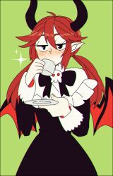 1girl 4444x4444 black_dress blush demon_girl demon_horns demon_wings dialo_(funamusea) dress funamusea haiiro_teien horns low_twintails pointy_ears red_hair solo twintails wings