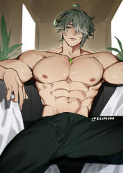 1boy abs ahoge alhaitham_(genshin_impact) artist_name black_pants bulge chest_jewel closed_mouth collarbone commentary english_commentary eriimyon expressionless genshin_impact green_eyes green_hair grey_hair hair_over_one_eye highres indoors light_particles looking_at_viewer male_focus multicolored_hair navel nipples one_eye_covered pants parted_bangs pectorals plant short_hair sidelocks sitting solo stomach streaked_hair swept_bangs topless_male twitter_username