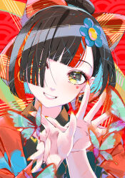 Rule 34 | 1girl, absurdres, black hair, black shirt, blunt ends, bug, butterfly, choya hanabi, colored inner hair, eyeliner, facial mark, flower hairpin, grin, hair over one eye, haori, highres, insect, japanese clothes, looking at viewer, makeup, multicolored hair, oa (or 12o), orange nails, parted bangs, ponytail, portrait, red background, red eyeliner, red haori, shirt, smile, solo, streaked hair, virtual youtuber, vspo!, yellow eyes
