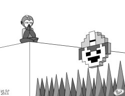 1boy 1up dated drfresh113 gloves greyscale helmet indian_style lowered_eyelids mega_man_(character) mega_man_(classic) mega_man_(series) monochrome own_hands_together sitting solo spikes staring thinking watermark