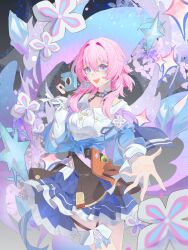 absurdres acorn badge black_choker black_gloves black_overskirt blue_eyes blue_jacket blue_skirt bra_strap breasts buchuhutaobugaiming button_badge buttons camera chinese_commentary choker commentary_request cowboy_shot earrings flower_ornament gloves gradient_clothes gradient_jacket hair_intakes highres holding holding_camera honkai:_star_rail honkai_(series) jacket jewelry long_sleeves march_7th_(honkai:_star_rail) march_7th_(preservation)_(honkai:_star_rail) medium_breasts medium_hair miniskirt multicolored_eyes off-shoulder_jacket off_shoulder open_hand open_mouth partially_fingerless_gloves pink_eyes pink_hair pink_jacket pink_pupils pleated_skirt reaching reaching_towards_viewer shirt single_earring single_glove skirt smile teeth thigh_strap tied_jacket two-tone_eyes underbust upper_teeth_only white_shirt
