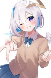 1girl alternate_costume amane_kanata angel angel_wings asymmetrical_bangs asymmetrical_hair blue_bow blue_bowtie blue_hair blue_wings blush bob_cut bow bowtie brown_cardigan cardigan collar colored_inner_hair commentary feathered_wings fragir gradient_wings grey_hair grin gyaru_v halo highres hololive long_sleeves looking_at_viewer mini_wings multicolored_hair multicolored_wings one_eye_closed pink_hair purple_eyes school_uniform shirt short_hair simple_background single_hair_intake smile solo standing star_halo streaked_hair teeth v virtual_youtuber white_background white_shirt white_wings wings