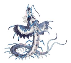 Rule 34 | 1boy, antennae, arthropod boy, arthropod limbs, arthropod tail, artist name, bairizuomeng, bug, carapace, centipede, centipede boy, chimera, claws, exoskeleton, extra legs, feathered wings, full body, highres, long hair, male focus, monster boy, multicolored hair, original, red eyes, simple background, solo, standing, talons, two-tone hair, white background, white hair, wings