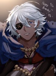 1boy blue_eyes blue_hood capelet dark_skin dated eyepatch fire_emblem fire_emblem_fates happy_birthday highres hood hooded_capelet male_focus neko_maru_1027 niles_(fire_emblem) nintendo solo white_hair