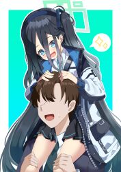 Rule 34 | 1boy, 1girl, aqua halo, aris (blue archive), black hair, black hairband, blue archive, blue eyes, blue necktie, blush, border, brown hair, carrying, commentary request, gradient background, green background, green halo, hair between eyes, hairband, halo, highres, jacket, long hair, long hair between eyes, long sleeves, nanoty, necktie, one side up, open mouth, outline, rectangular halo, ringed eyes, shirt, shoulder carry, skirt, smile, spoken sparkle, sweatdrop, upper body, very long hair, white border, white outline, white shirt