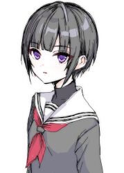 1girl arms_at_sides black_undershirt blunt_bangs bob_cut breasts commentary_request from_above grey_hair grey_shirt highres idolmaster idolmaster_cinderella_girls inverted_bob looking_at_viewer neckerchief nuno_kire pale_skin parted_lips purple_eyes red_neckerchief sailor_collar school_uniform shirayuki_chiyo shirt short_hair simple_background small_breasts solo undershirt upper_body white_background white_sailor_collar