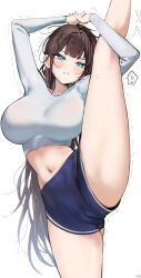 1girl absurdres bad_id bad_twitter_id bloomers blue_eyes blue_pants blush breasts brown_hair frown gym_shorts haze_(ohw8g) highres holding_own_leg large_breasts long_hair looking_at_viewer midriff navel original pants shirt shorts simple_background solo split spoken_sweatdrop standing standing_on_one_leg standing_split sweatdrop thighs trembling underwear very_long_hair white_background white_shirt