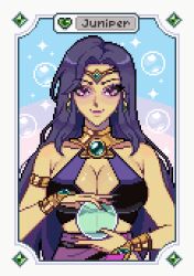 Rule 34 | 1girl, armpit crease, bare shoulders, border, breasts, bubble, character name, circlet, closed mouth, collarbone, commentary, english commentary, eyeshadow, fields of mistria, highres, holding orb, juniper (fields of mistria), large breasts, long hair, makeup, mimpish, outside border, pixel art, purple eyeshadow, purple hair, red eyes, smile, solo, sparkle, standing, white border